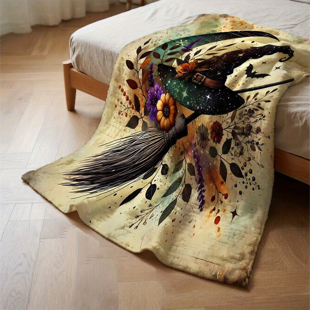1pc Halloween Wizard Print Blanket, Dark Night Magic Throw Blanket, Super Warm Soft and Cozy Flannel Blanket, Multiple Sizes Available, Suitable for Living Room, Bedroom, Study, Balcony