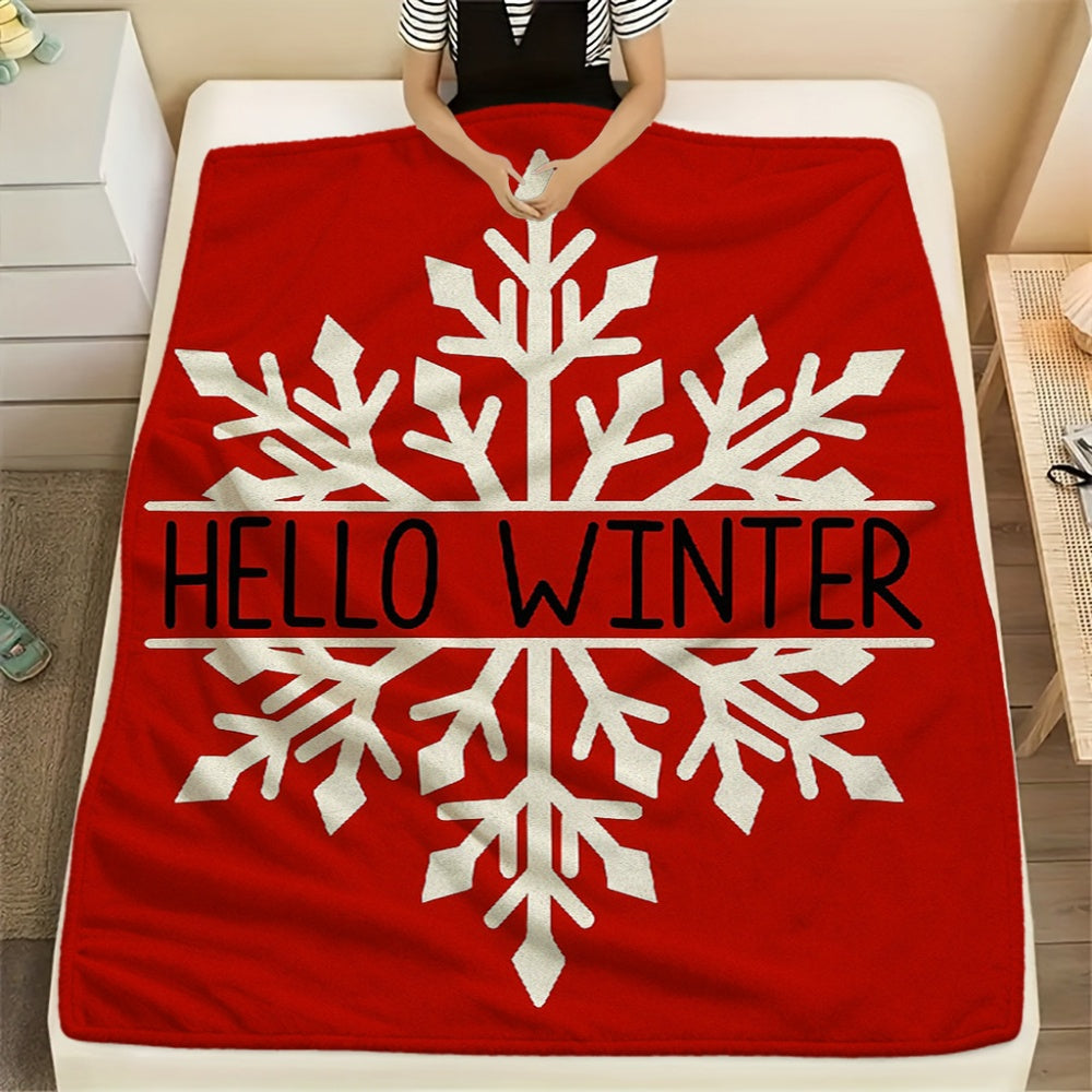 1pc of Red Flannel Blanket with a Red Snowflake and "HELLO WINTER" Theme, Featuring a Festive Winter Design. Soft Plush Surface, Suitable for All Seasons. Ideal for Home Naps, Seasonal Home Use, and Weekend Lounging on the Sofa