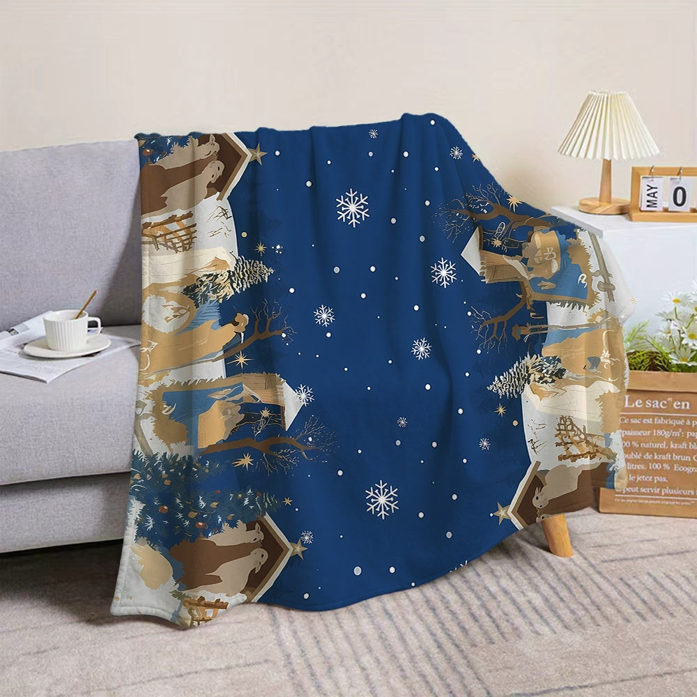1pc Christmas Snow Scene with Antler Pattern Flannel Blanket, Soft, Comfortable, and Warm, Dark Blue Design, All-Season Universal Sofa Blanket, Warm Throw Blanket, Multiple Sizes Available, Suitable for Living Room Sofas, Bedroom, Reading Nooks