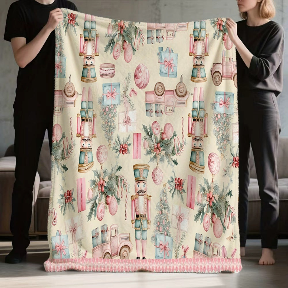 1pc Christmas Nutcracker And Gift Box Pattern Flannel Blanket, Soft Comfortable Warm, Cream And Pink Design, Durable Plush, All-Season Blanket, Warm Cover, Multiple Sizes Available, Suitable for Living Room Sofa, Bedroom, Reading Corner