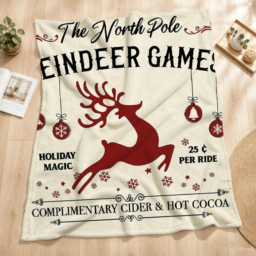 1pc of Christmas Reindeer and "North Pole Deer Games" Themed Cream Beige Flannel Blanket, a Christmas Winter Body Blanket, Soft Plush for All Seasons, Suitable for Weekend Sofa Naps, Dorm Life, and Home Afternoon Naps