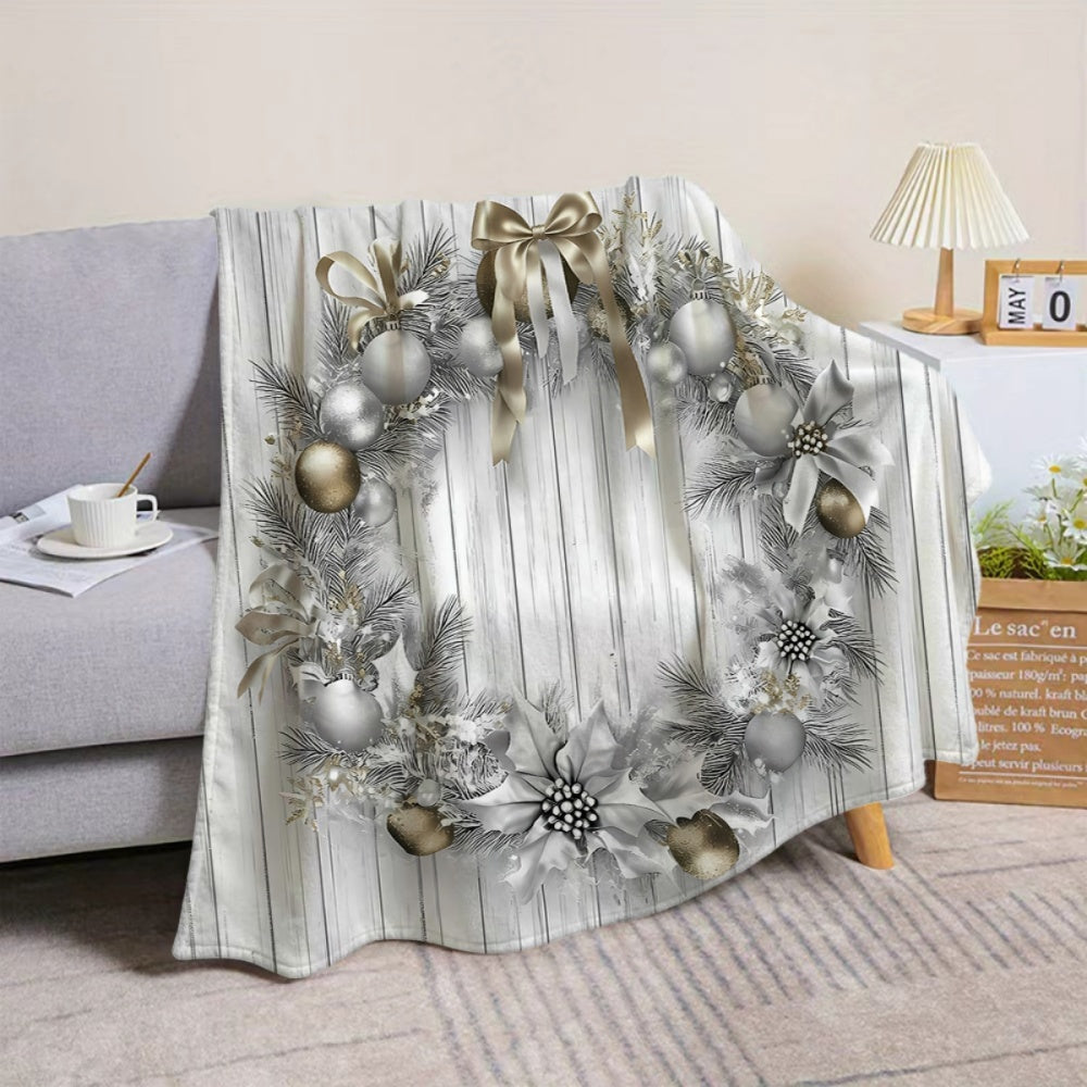 1pc, Christmas Silver Golden Wreath Pattern Flannel Blanket, Soft Comfortable Warm, Silvery White Golden Design, Durable Plush Surface, All-Season Sofa Blanket, Warm Cover, Multiple Sizes Available, Suitable for Living Room Sofa, Bedroom
