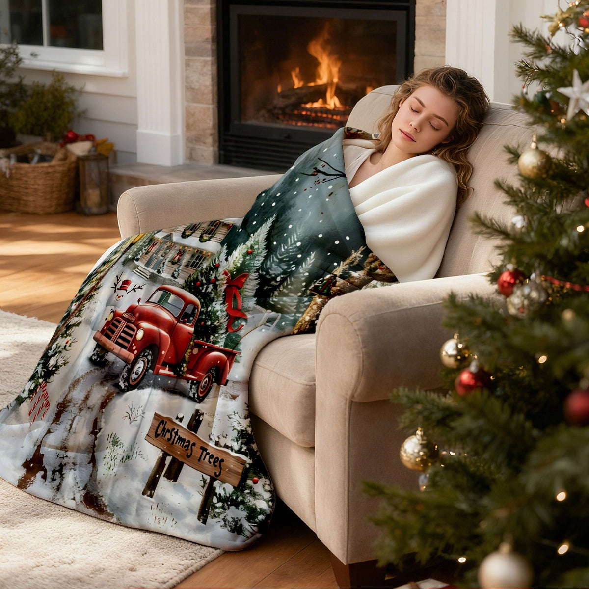A Red Truck Blanket Featuring a Christmas Tree And Snow, Perfect for a Variety of Colored Sofas, Or Sofas. This All-Season Home Decoration, with Its Fun Animal Design And Other Features, Is Perfect for Enhancing Your Living Space
