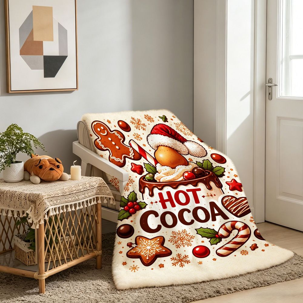 1pc Gingerbread for Man and Hot Cocoa Christmas Themed Beige Flannel Large Blanket, Winter Holiday Decorative Design, Large Plush Throw Blanket, Suitable for Home Naps, Weekend Sofa Lounging, and Seasonal Home Use