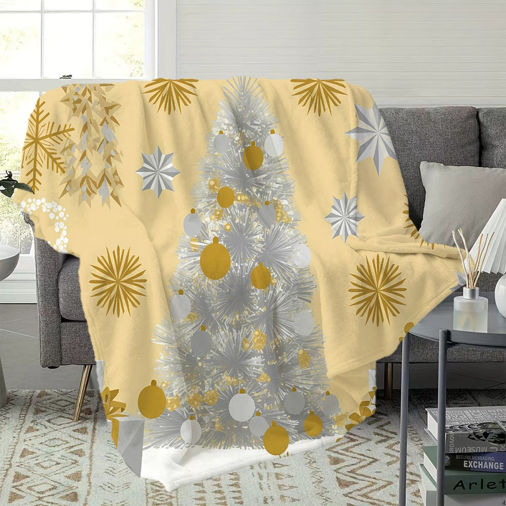 1pc Christmas Tree and Snowflake Pattern Flannel Blanket, Soft, Comfortable, and Warm, Beige with Silvery-Golden Design, All-season Universal Blanket, Warm Throw Blanket, Multiple Sizes Available, Suitable for Living Room Sofas, Bedroom