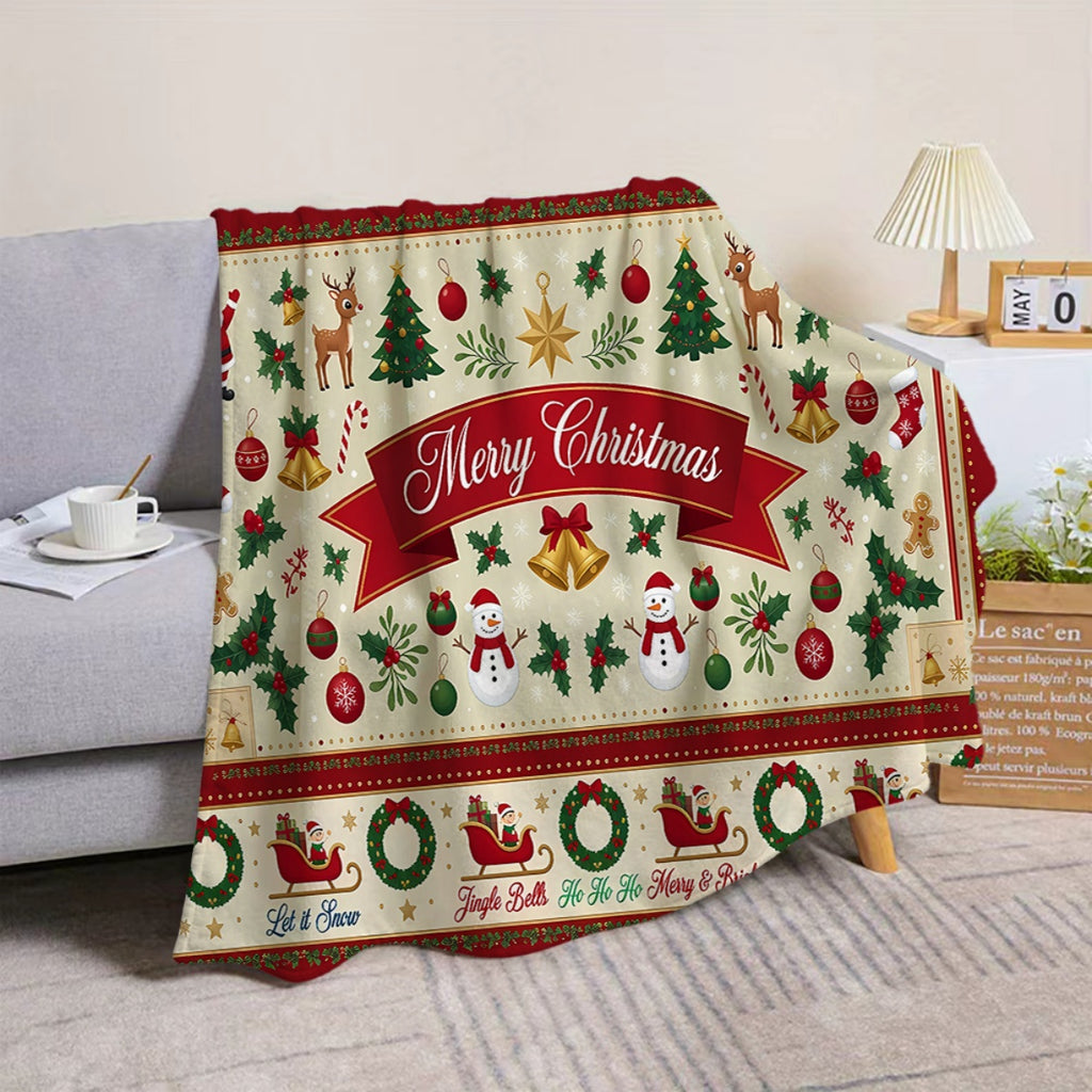 1pc, Santa Claus and Reindeer Christmas Tree Pattern Red-Themed Flannel Blanket, Soft, Comfortable, and Warm, Beige Base with Red and Golden Decorative Design, Durable Plush Surface, All-Season Universal Sofa Blanket, Warm Throw Blanket