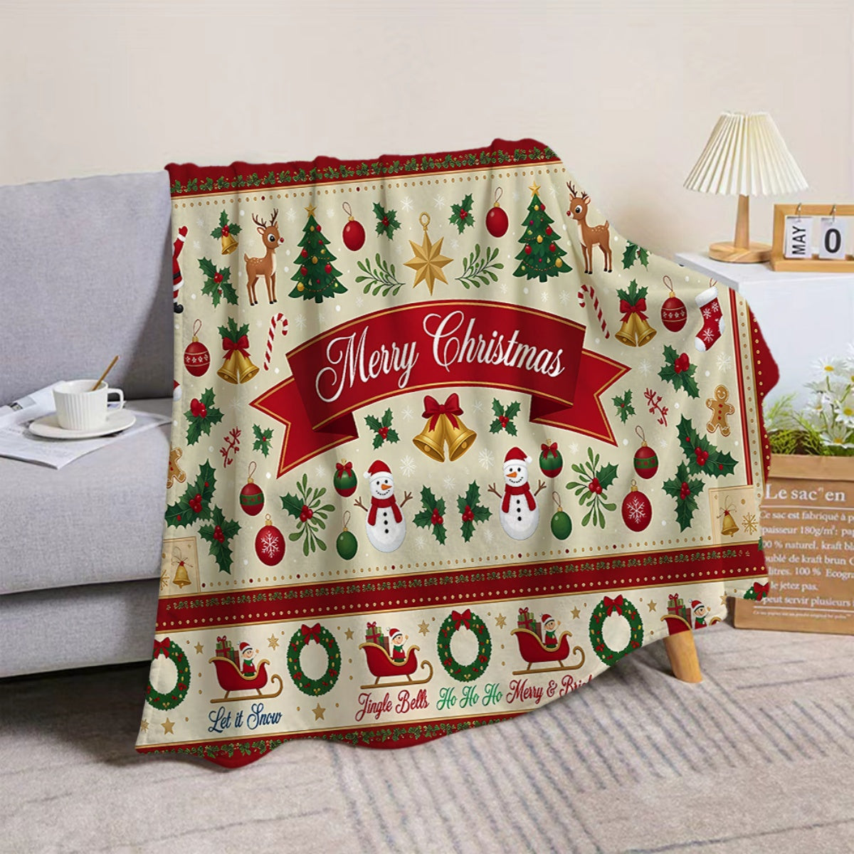 1pc, Santa Claus and Reindeer Christmas Tree Pattern Red-Themed Flannel Blanket, Soft, Comfortable, and Warm, Beige Base with Red and Golden Decorative Design, Durable Plush Surface, All-Season Universal Sofa Blanket, Warm Throw Blanket