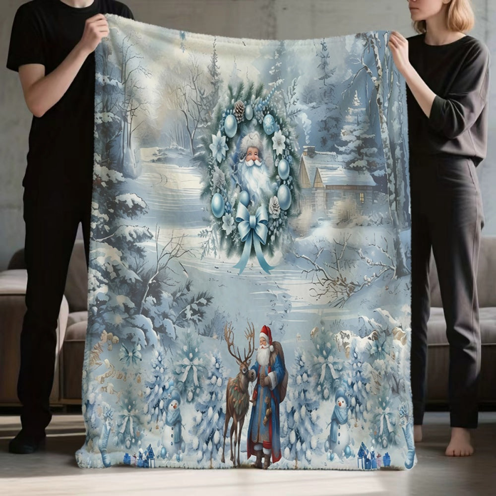 1pc, Santa Claus and Reindeer Wreath Winter Snow Scene Blue Themed Flannel Blanket, Soft, Comfortable, and Warm, with a Primary Blue and White Design, Durable Plush Surface, All-season Universal Sofa Blanket, Warm Throw Blanket, Multiple Sizes