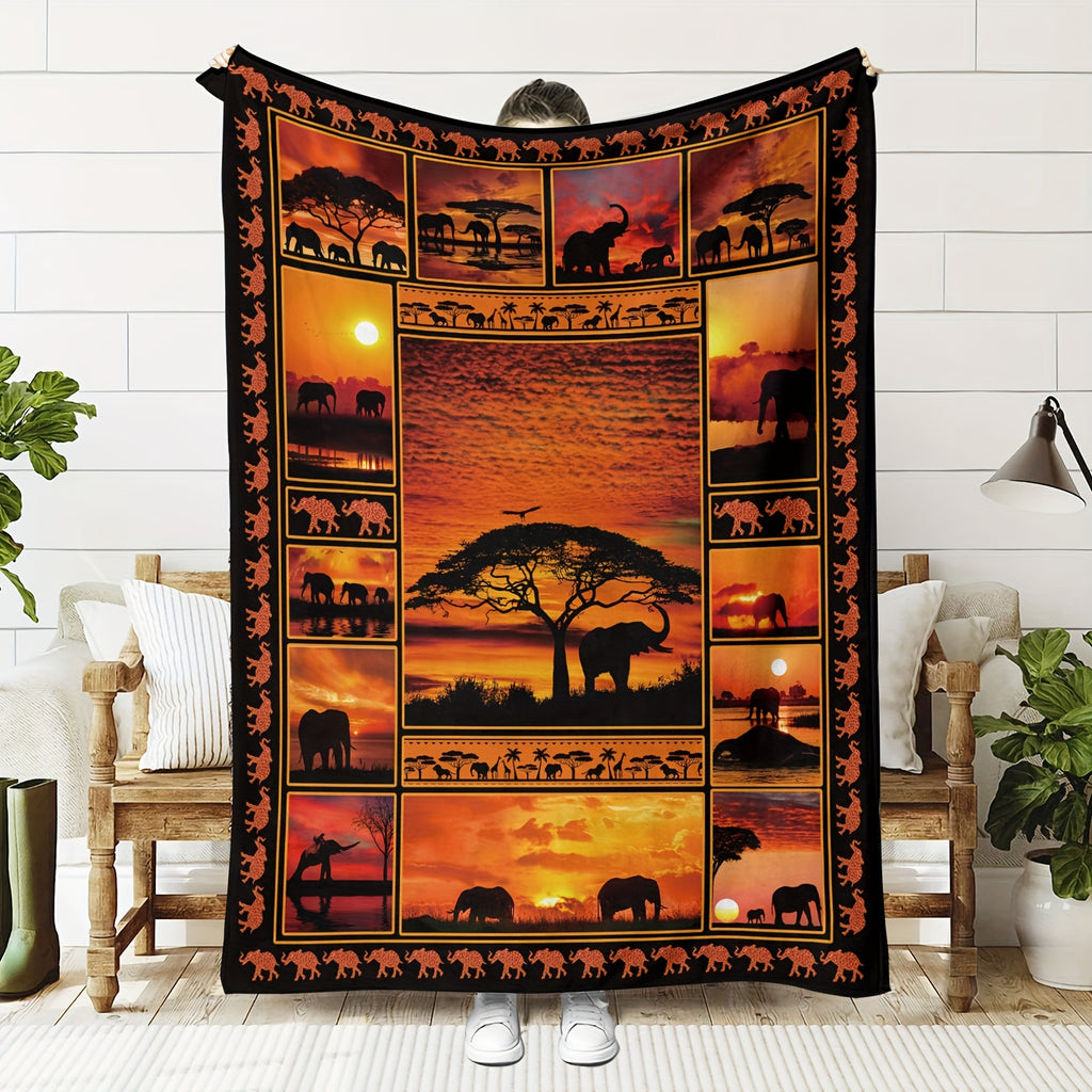 1pc African Elephant Silhouette Sunset Patchwork Pattern Flannel Blanket, Soft Comfortable Warm, Black And Orange Design, Durable Plush Surface, All-Season Bed Blanket, Warm Cover, Multiple Sizes Available, Suitable for Living Room Sofa