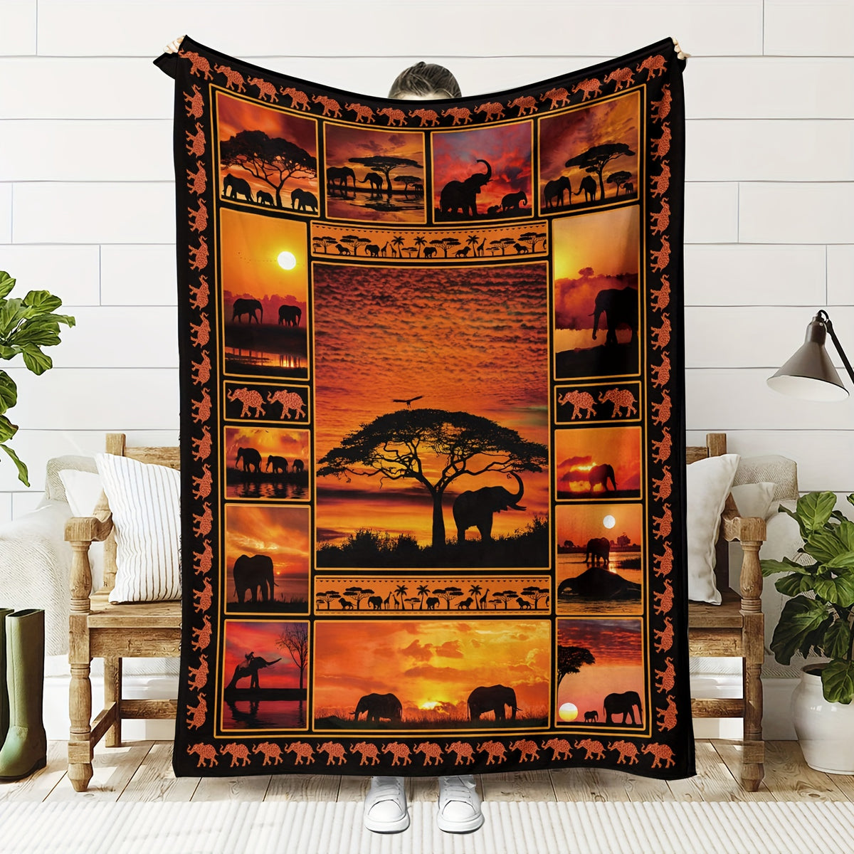 1pc African Elephant Silhouette Sunset Patchwork Pattern Flannel Blanket, Soft Comfortable Warm, Black And Orange Design, Durable Plush Surface, All-Season Bed Blanket, Warm Cover, Multiple Sizes Available, Suitable for Living Room Sofa