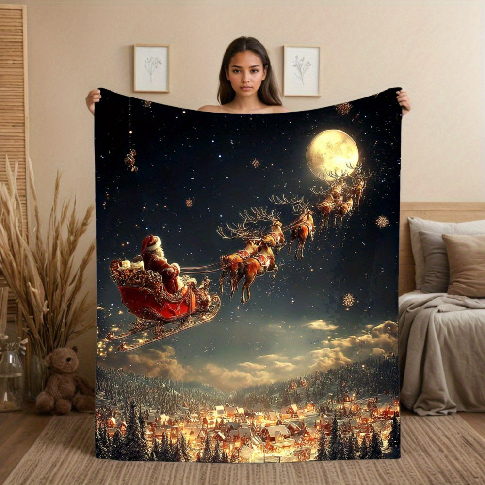 1pc, Santa Reindeer Moon Flannel Blanket - Soft Comfortable Polyester All Seasons Christmas and Halloween Blanket with Santa Sleigh and Reindeer Moon Print, Digital Design, Suitable for Sofas, Travel