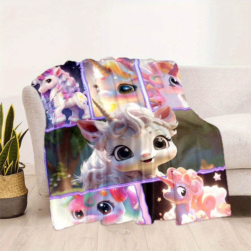 1pc 2D Flat Printed Cute Unicorn Themed Blanket, Soft Flannel Throw Blanket - Pink and Purple Design, Multiple Sizes Available, Suitable for Living Room, Bedroom, Sofa, Couch, and Reading Area, 2D Flat