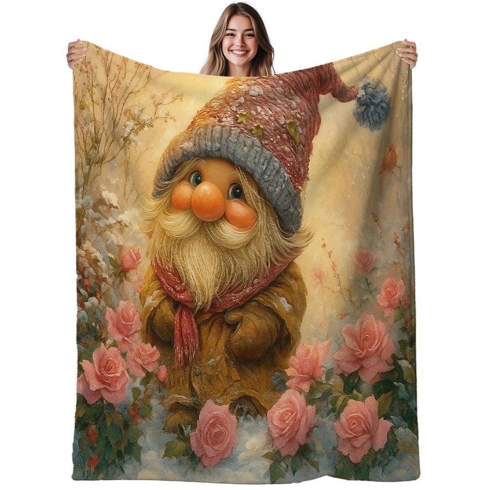 1pc, 2D Flat Cute Dwarf And Pink Rose Pattern Flannel Blanket, Soft Comfortable Warm, Warm Yellow And Pink Design, Durable Plush, All Seasons, Warm Blanket, Suitable for Weekend Sofa Naps, Home Afternoon Rest, Reading Time
