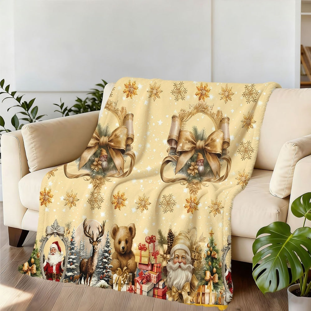 1pc, 1pc Christmas-Themed Golden Snowflake And Reindeer Santa Claus Pattern Flannel Blanket, Soft Comfortable Warm, Beige Design, Durable Plush, All-Season Sofa Blanket, Warm Cover, Multiple Sizes Available, Suitable for Living Room Sofa