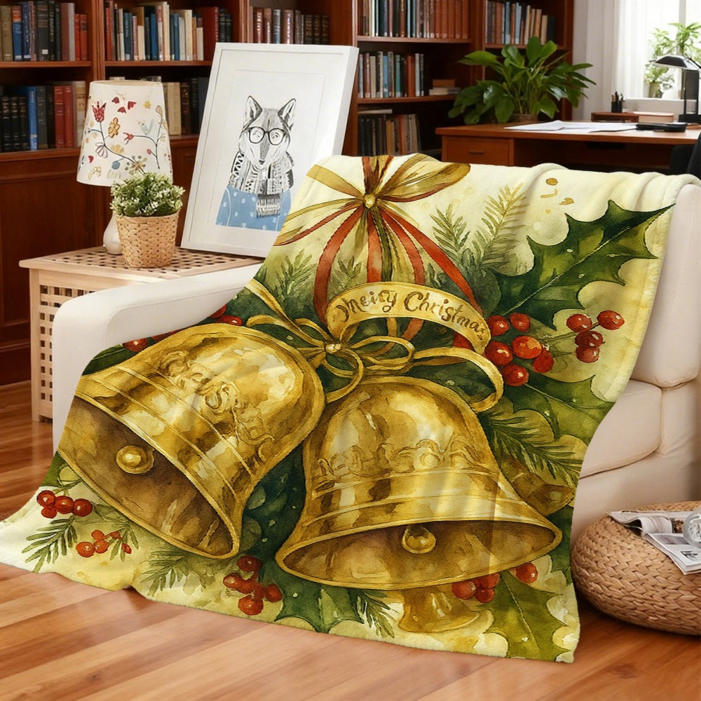 1pc Golden Christmas Bell And Holly Leaf Design Flannel Blanket, Creamy Beige Base Holiday Decor, Soft Plush All-Season Use, Suitable for Reading Time, Bedside Decoration, And Entertainment