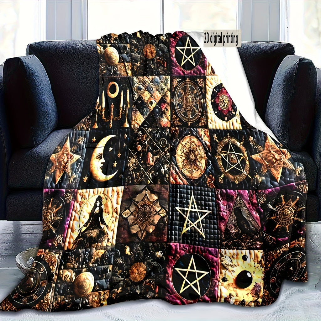 1pc 2D Flat Printing, Mysterious Symbols And Moon Wizard Pattern Blanket, Soft Fleece Blanket, Black Golden Purple Main Color Design, All-Season Warm Throw, Multiple Sizes Available, Suitable for Living Room, Bedroom, Balcony, Courtyard, And Sofa
