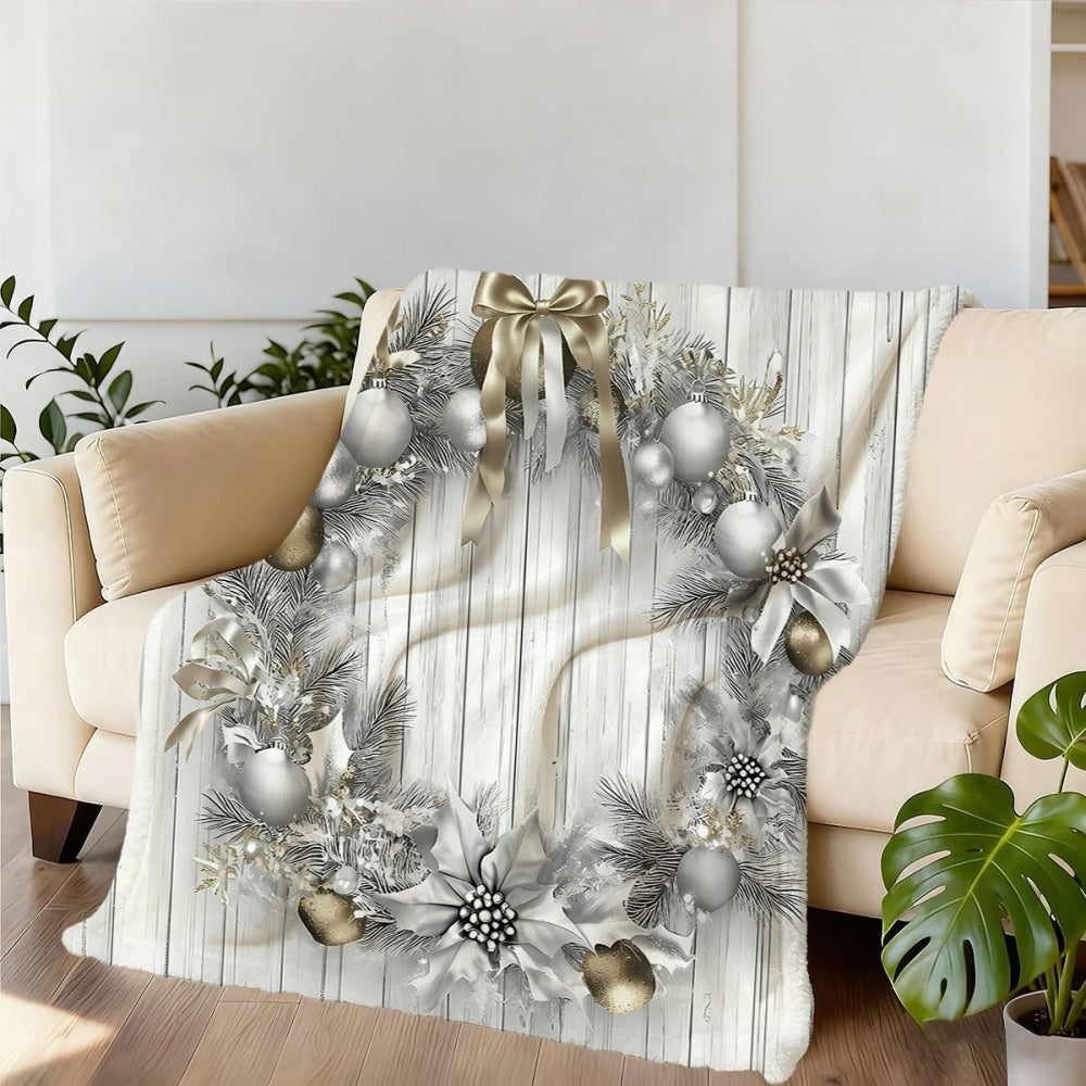 1pc, Christmas Silver Golden Wreath Pattern Flannel Blanket, Soft Comfortable Warm, Silvery White Golden Design, Durable Plush Surface, All-Season Sofa Blanket, Warm Cover, Multiple Sizes Available, Suitable for Living Room Sofa, Bedroom