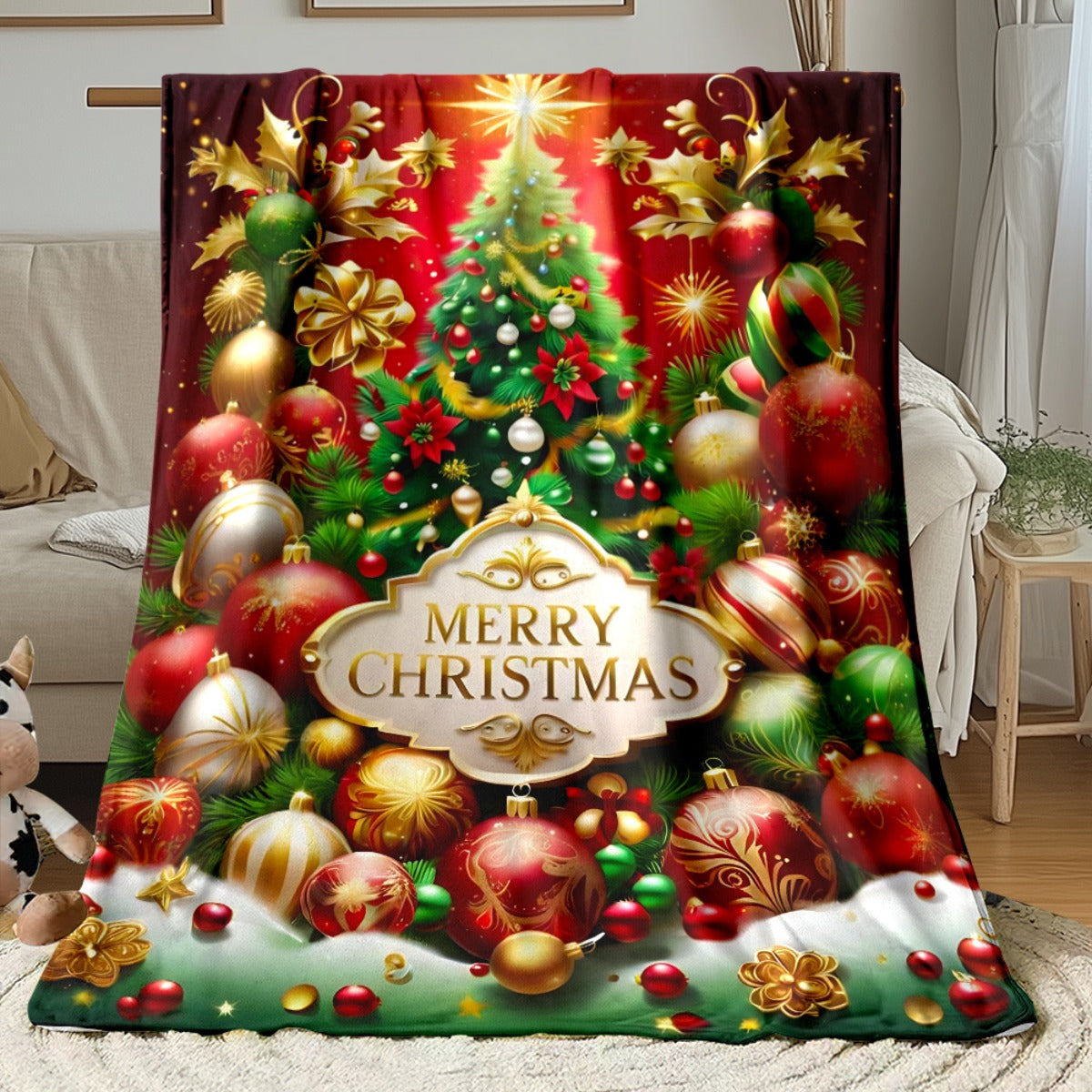 1pc Christmas Tree And Ornaments Theme Red Flannel Oversized Blanket, Festive Decor Design, Large Plush Throw Blanket, Suitable for Holiday Home Decor, Reading Time, Home Nap