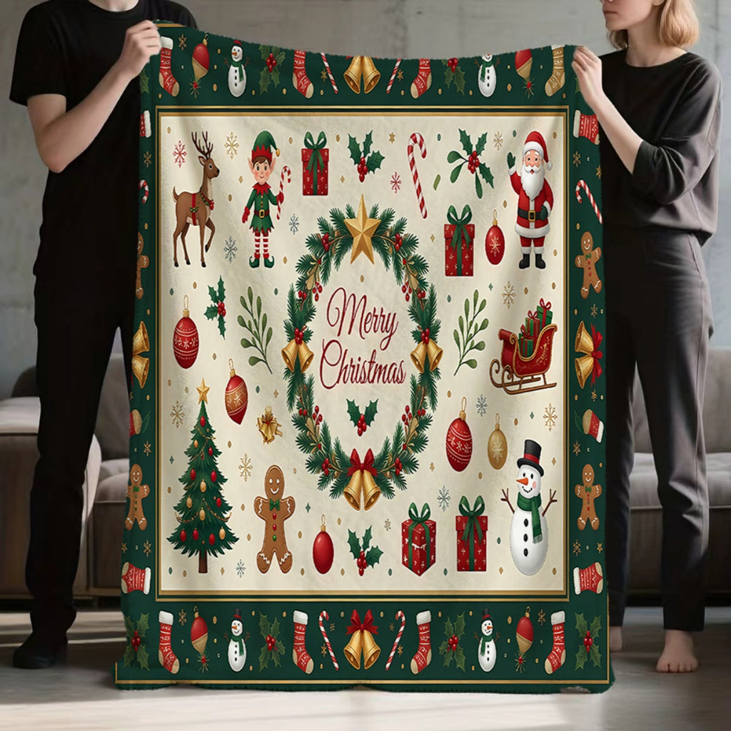 1pc, Christmas Elf And Reindeer Pattern Green Theme Flannel Blanket, Soft Comfortable Warm, Beige And Green Design, Durable Plush, All-Season Sofa Blanket, Warm Cover, Multiple Sizes Available, Suitable for Living Room Sofa, Bedroom