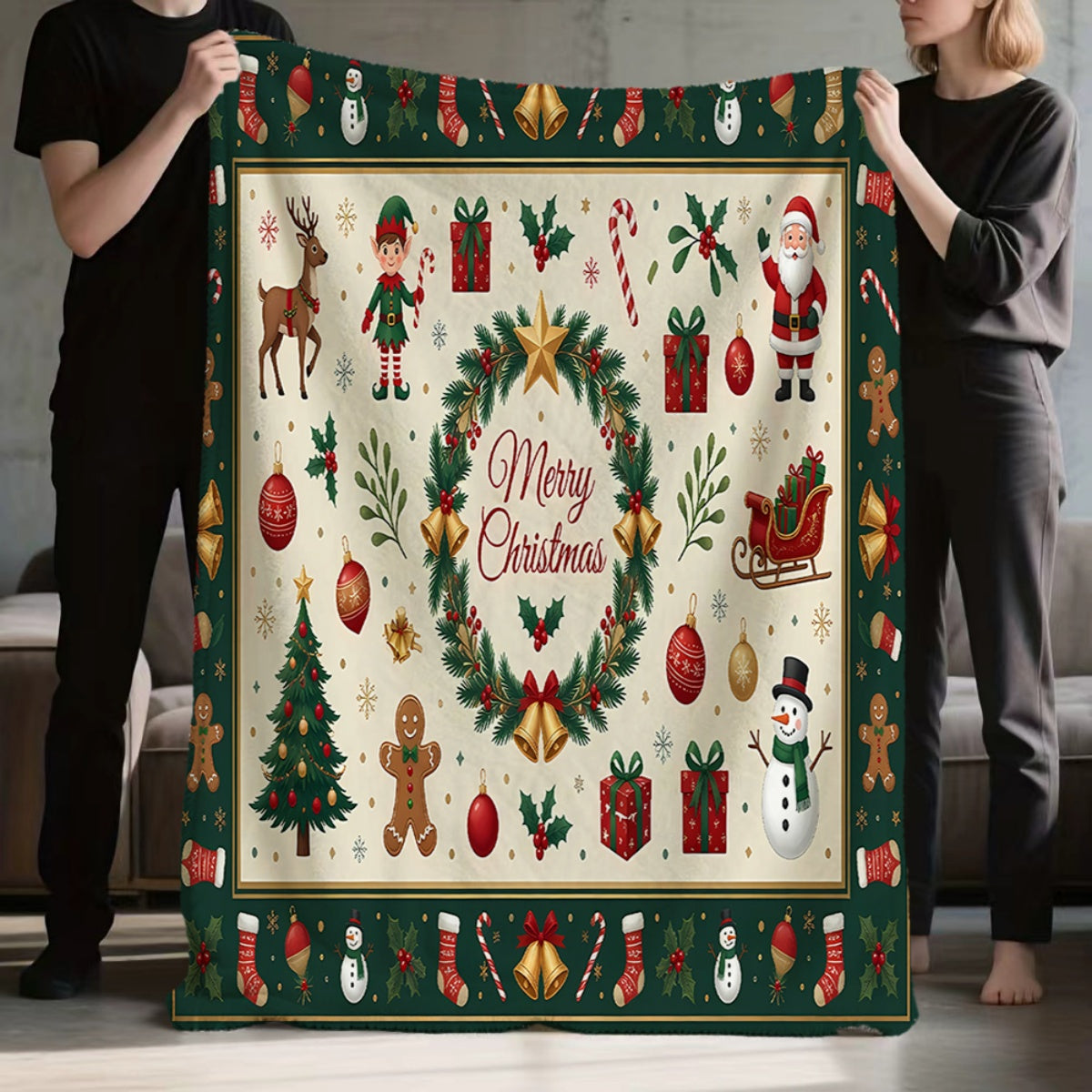 1pc, Christmas Elf And Reindeer Pattern Green Theme Flannel Blanket, Soft Comfortable Warm, Beige And Green Design, Durable Plush, All-Season Sofa Blanket, Warm Cover, Multiple Sizes Available, Suitable for Living Room Sofa, Bedroom