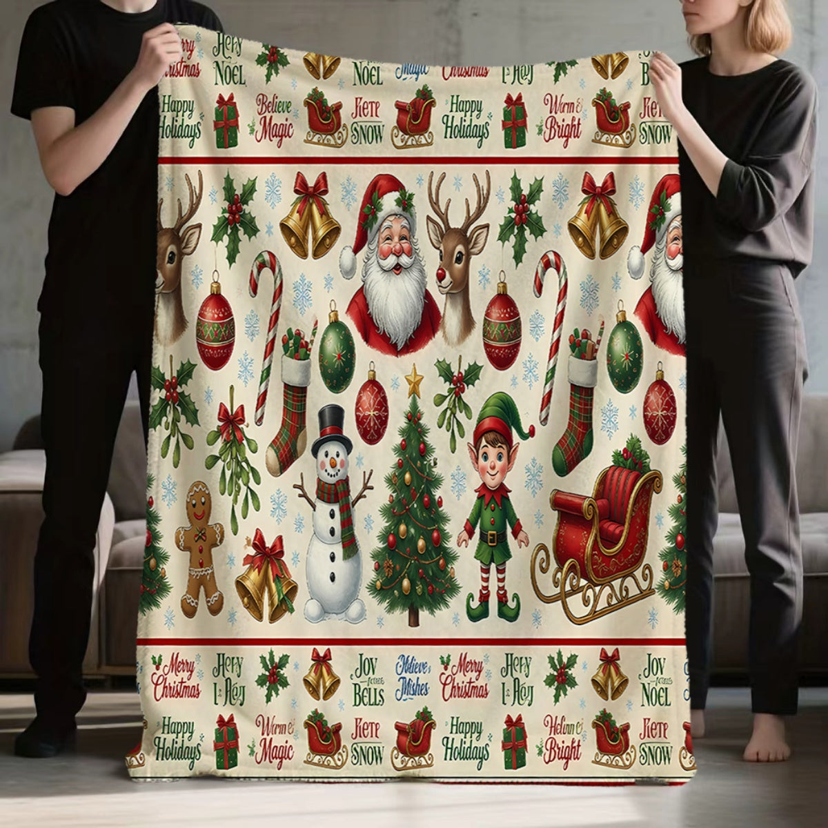 1pc, Santa And Reindeer Pattern Flannel Blanket, Soft Comfortable Warm, Beige Holiday Design, Durable Plush, All-Season Sofa Blanket, Warm Cover, Multiple Sizes Available, Suitable for Living Room Sofa, Bedroom, Reading Corner, Holiday Parties