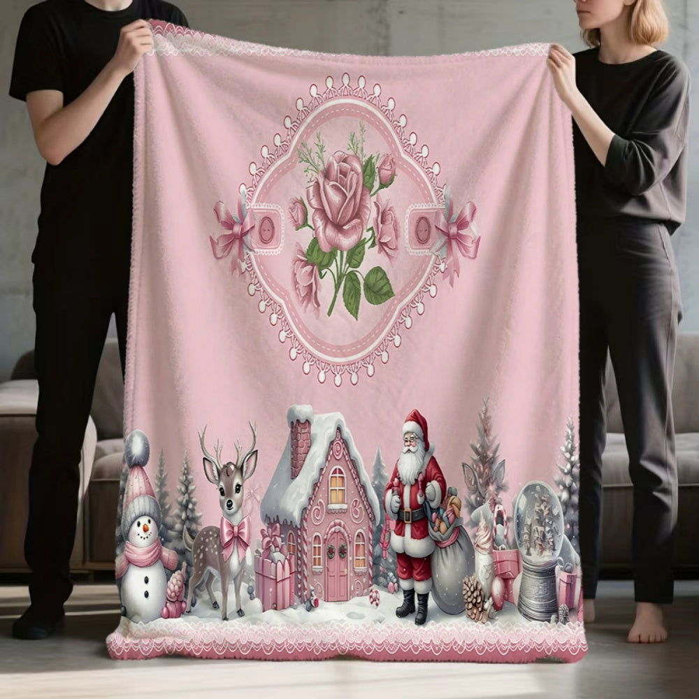 1pc, a Pink Flannel Blanket with a Santa Claus and Rose Pattern, Soft, Comfortable, and Warm. Features a Romantic Pink Design, Durable Plush Surface, and Is a Versatile All-season Sofa Throw or Warm Lap Blanket. Available in Multiple Sizes