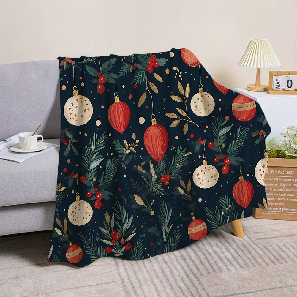 1pc Christmas Holiday Red And Golden Decorative Pattern Flannel Blanket, Soft Comfortable Warm, Dark Blue Design, All-Season Blanket, Warm Cover, Multiple Sizes Available, Suitable for Living Room Sofa, Bedroom, Reading Corner, Leisure Time