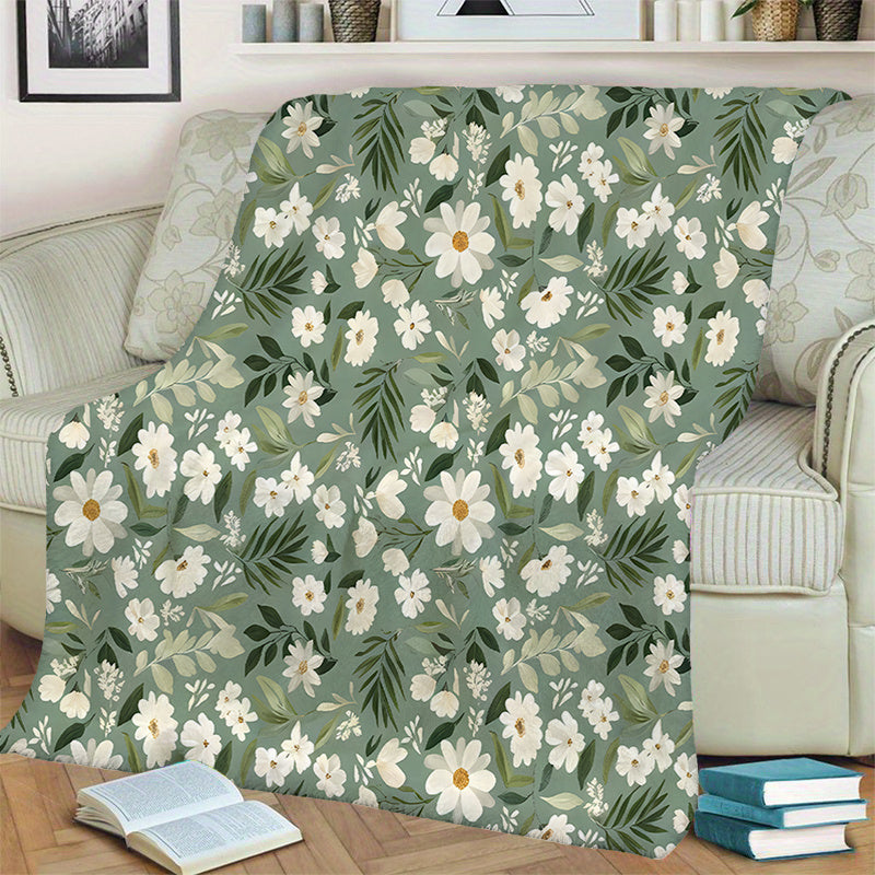 1pc White Daisy Pattern Blanket, Pastoral Style Design, Soft Velvet Surface, Flannel Material Lightweight And Durable, Multi-Size Available, Perfect for Holiday Gatherings, Living Room Leisure, Bedroom Sleep, Study Reading, Seasonal Home Decor