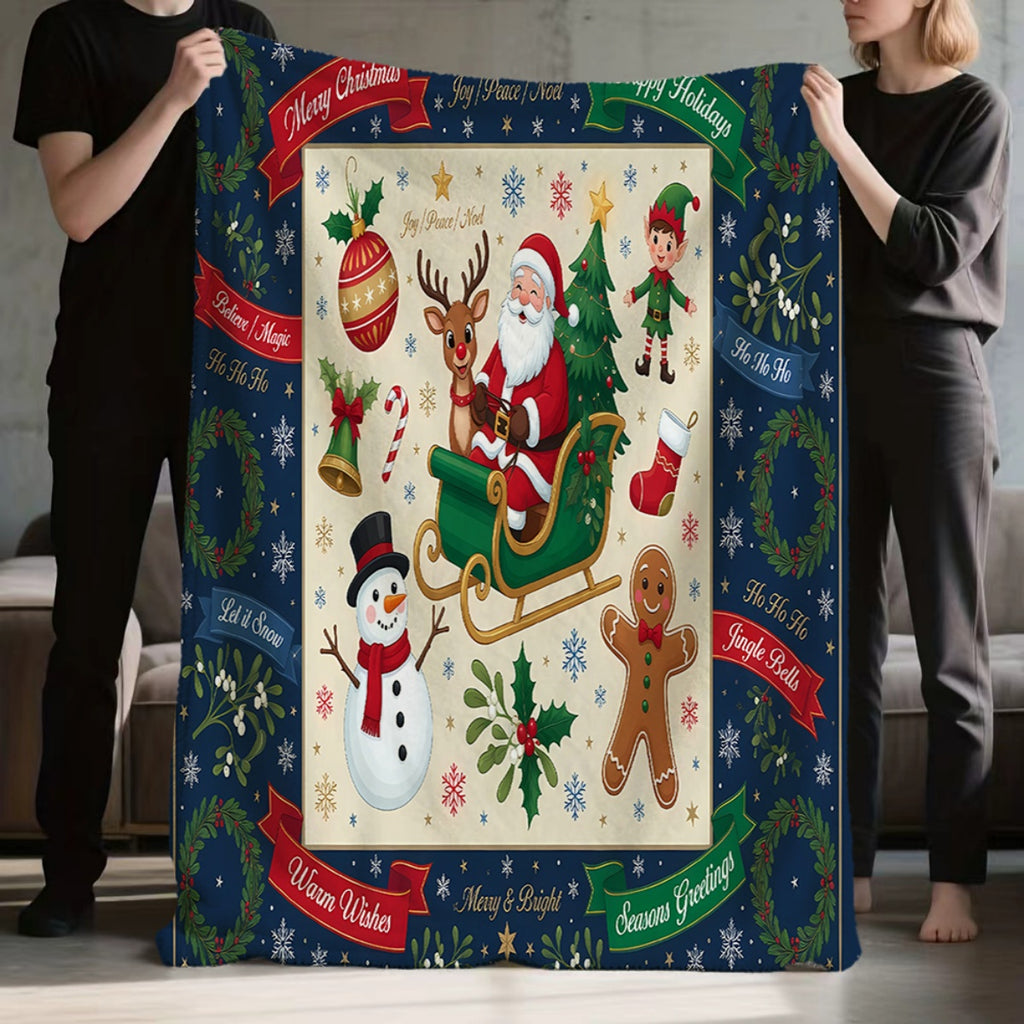 1pc, Santa Sleigh And Gingerbread Man Pattern Christmas-Themed Flannel Blanket, Soft Comfortable Warm, Deep Blue And Beige Design, Durable Plush, All-Season Sofa Blanket, Warm Cover, Multiple Sizes Available, Suitable for Living Room Sofa