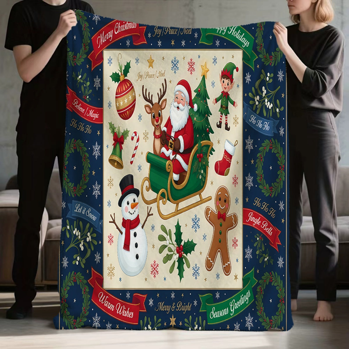 1pc, Santa Sleigh And Gingerbread Man Pattern Christmas-Themed Flannel Blanket, Soft Comfortable Warm, Deep Blue And Beige Design, Durable Plush, All-Season Sofa Blanket, Warm Cover, Multiple Sizes Available, Suitable for Living Room Sofa