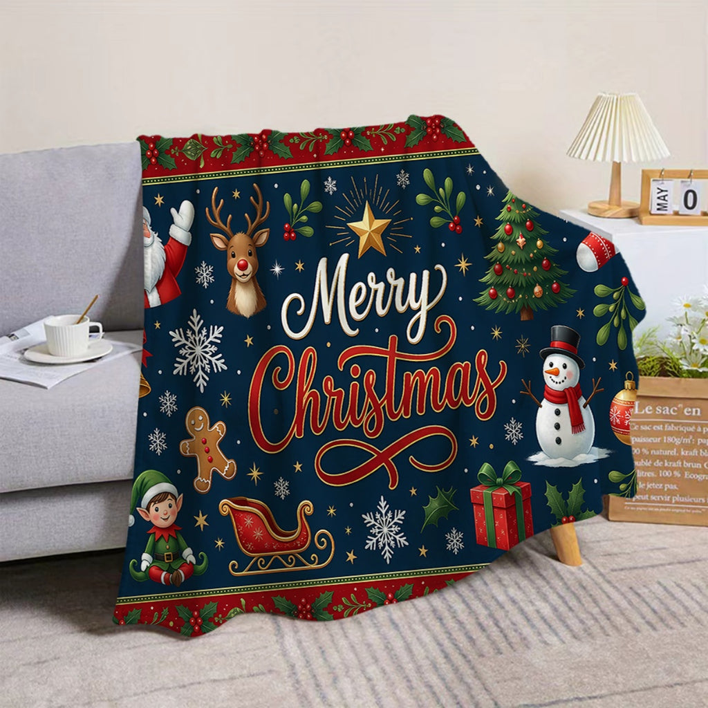 1pc, Santa Claus and Reindeer Pattern Flannel Blanket, Soft, Comfortable, and Warm, Dark Blue Holiday Design, Durable Plush Surface, All-Season Universal Sofa Blanket, Warm Throw Blanket, Multiple Sizes Available, Suitable for Living Room Sofas
