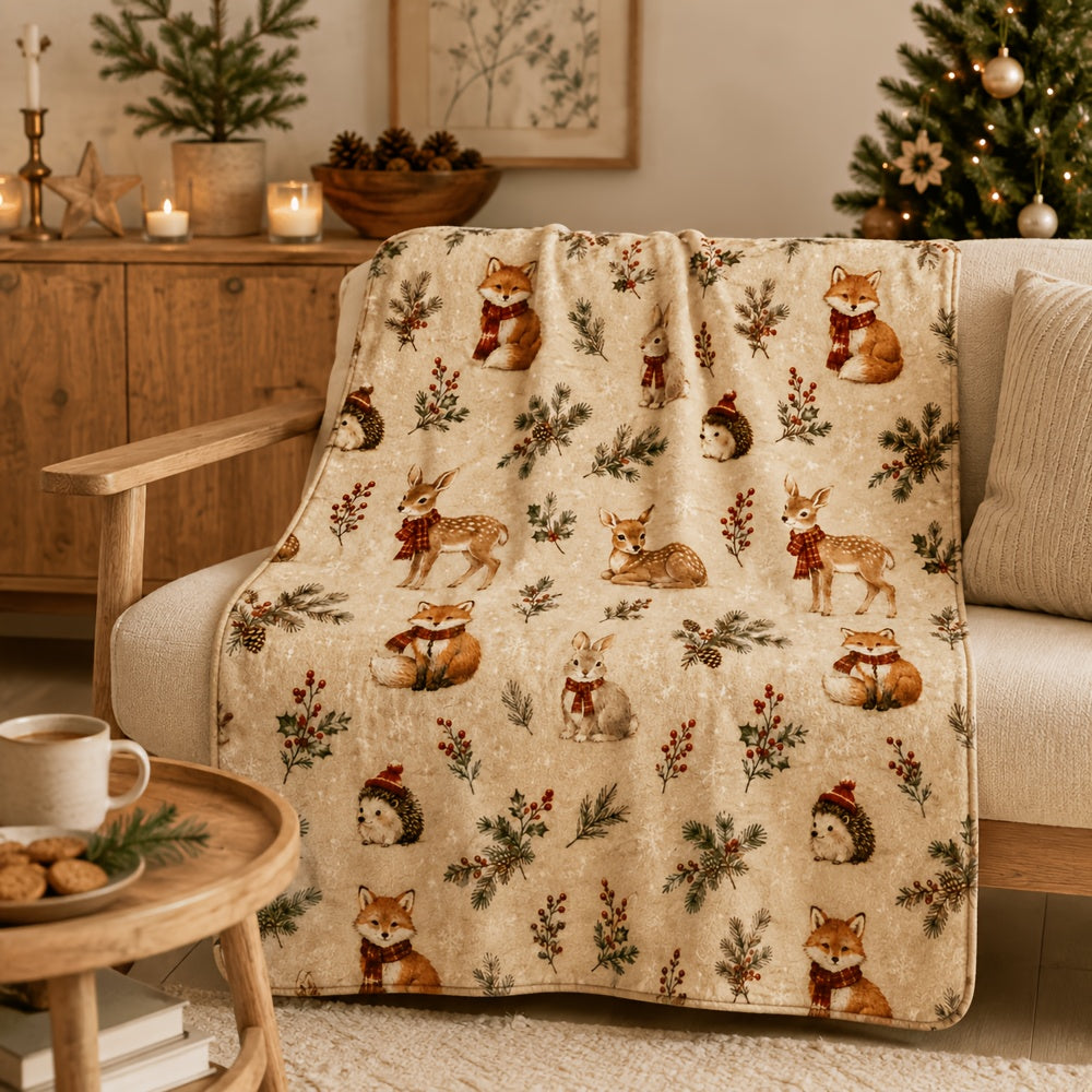 Blanket, Winter Forest Animal Christmas Blanket, Fox Deer Rabbit Hedgehog Pine Branch Red Fruit Pattern Soft Blanket, Living Room Sofa Bedroom Autumn And Winter Warm Home Decoration Blanket