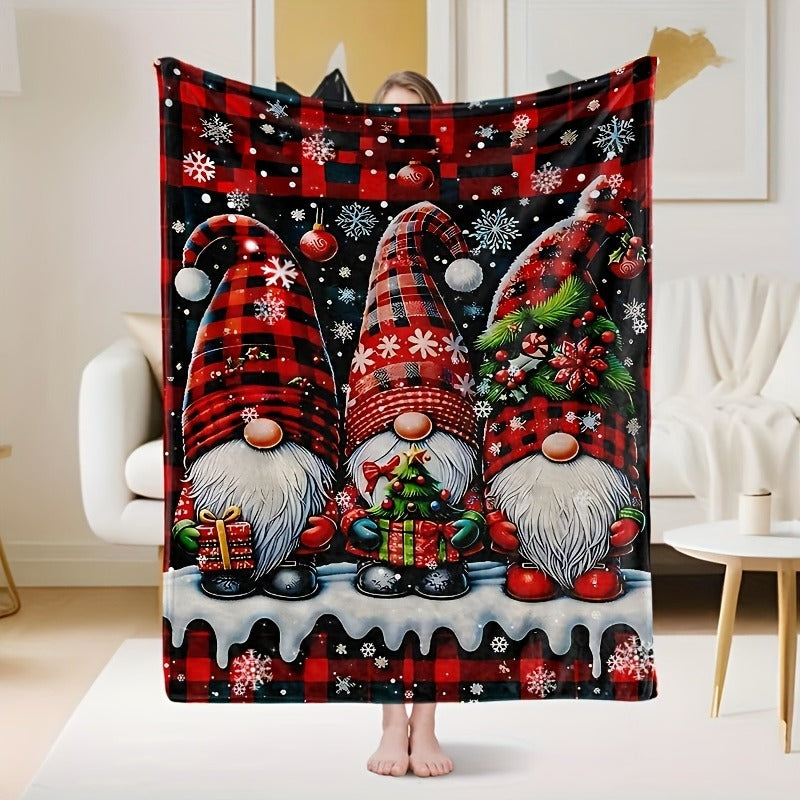 1 Comfortable Christmas Gnome Pattern Blanket - Red Plaid and Snowflake Design, Soft Polyester Fiber, Suitable for Sofas, Sleeping, Travel and Camping in All Seasons
