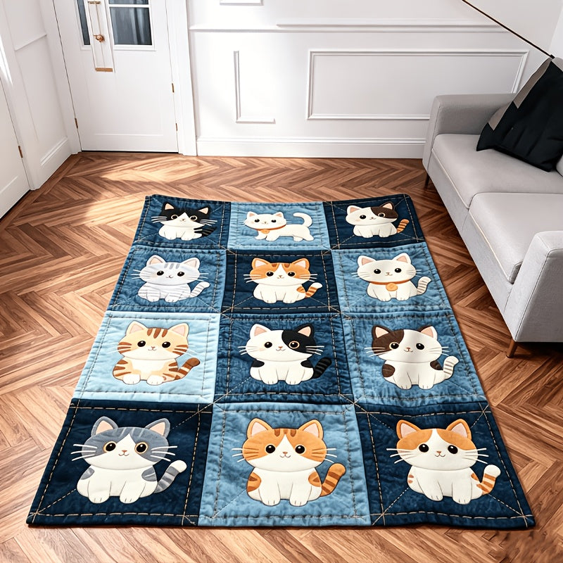 1pc Imitation Denim Patchwork Cute Cat Print, 2D Printed Ultra-Soft Flannel Blanket, Premium Plush Blanket, Lightweight Bed Blanket, Multi-Scene Use, Can Be Used as a Throw Blanket, Air Conditioning Blanket, Shawl Blanket, Travel Blanket, an Ideal