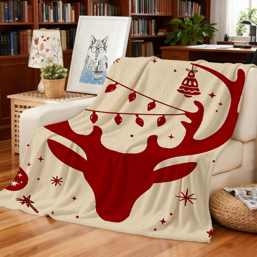 1pc Cream Beige Flannel Blanket with Red and White Christmas Reindeer and String of Lights Pattern, a Christmas Winter Body Blanket, Soft Plush for All Seasons, Suitable for Weekend Sofa Naps, Office Naps, and as a Spare for Guest Rooms