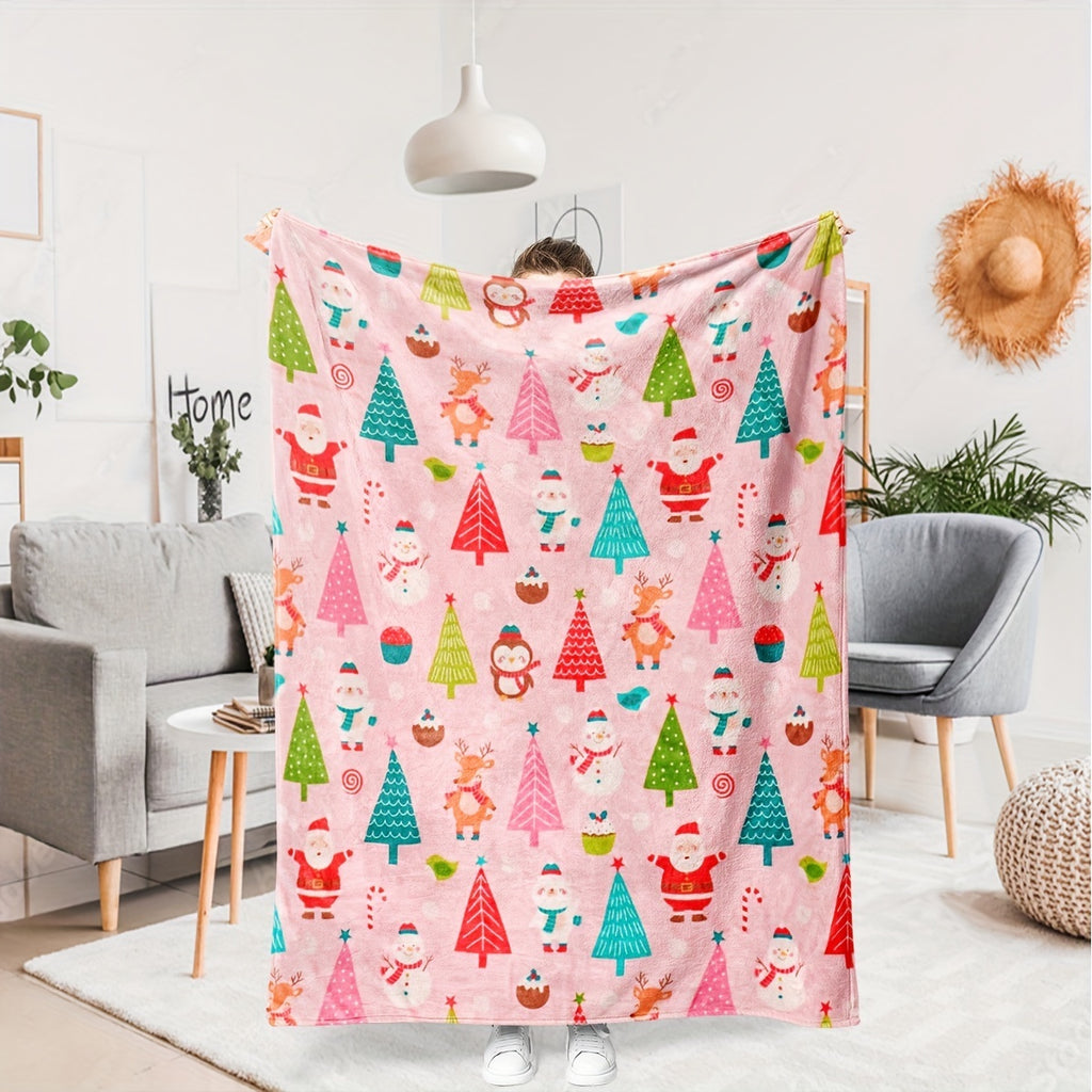 1pc, Santa Claus and Snowman Pattern Pink Flannel Blanket, Soft, Comfortable, and Warm, Cute Cartoon Design, Durable Plush Surface, All-Season Universal Sofa Blanket, Warm Throw Blanket, Suitable for Living Room, Bedroom, Sofa, Balcony, and Reading
