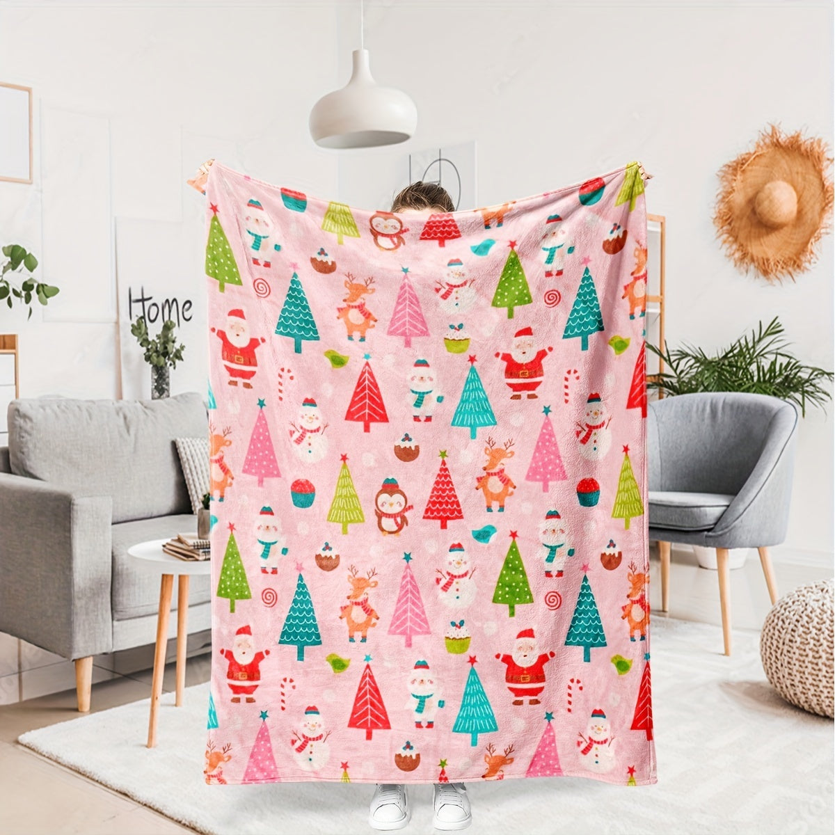 1pc, Santa Claus and Snowman Pattern Pink Flannel Blanket, Soft, Comfortable, and Warm, Cute Cartoon Design, Durable Plush Surface, All-Season Universal Sofa Blanket, Warm Throw Blanket, Suitable for Living Room, Bedroom, Sofa, Balcony, and Reading