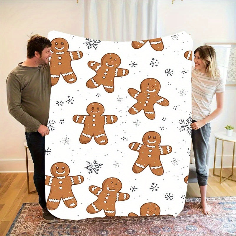1pc Gingerbread Pattern Blanket, Gingerbread Print Design, Full-body Blanket, Soft Flannel Plush Surface, Lightweight and Durable, Multiple Sizes Available, Suitable for Christmas Decoration, Living Room Leisure, Bedroom Sleep, and Festive Atmosphere