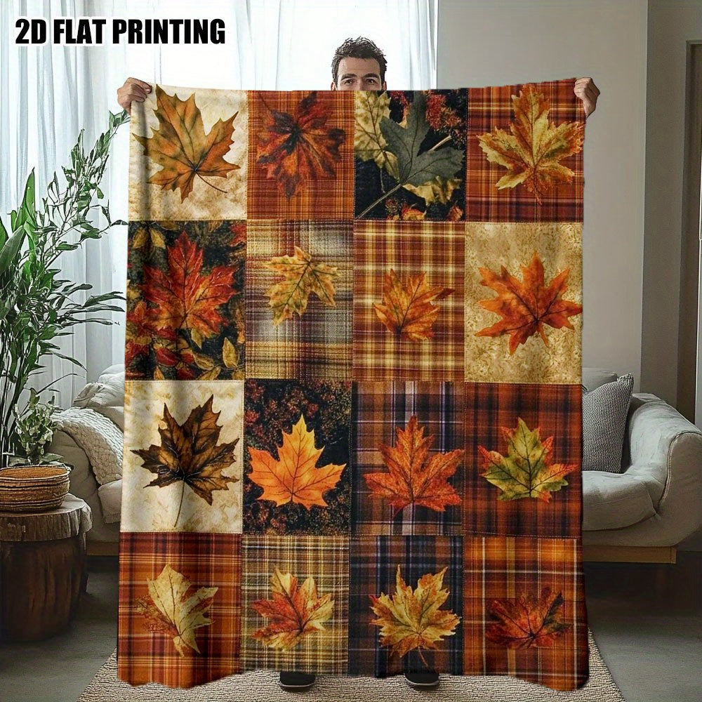 1pc Autumn Maple Leaf and Plaid Patchwork Flannel Blanket, Soft, Comfortable, and Warm, Orange-Yellow-Brown Plaid Design, Durable Plush Surface, All-Season Universal Bed Blanket, Warm Throw Blanket, Multiple Sizes Available, Suitable for Living Room