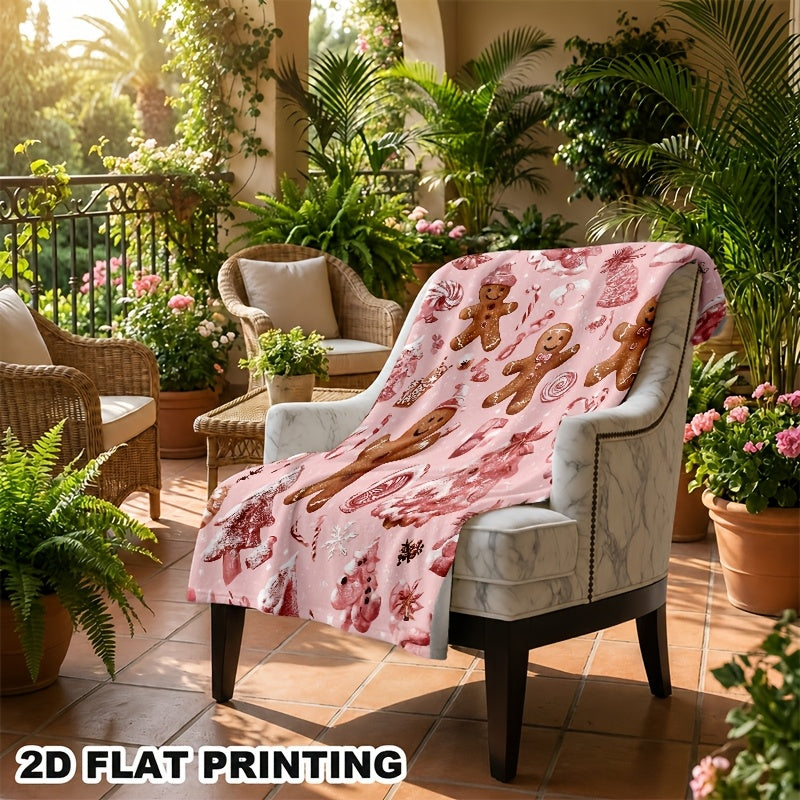 2D Flat 1pc Pink Christmas Gingerbread for Man Flannel Blanket with Candy Stick Tree Snowflake Print, Super Soft Thermal Blanket, Suitable for Winter Holiday Decoration, Comfortable Sofa Blanket for All Seasons, 2D Flat