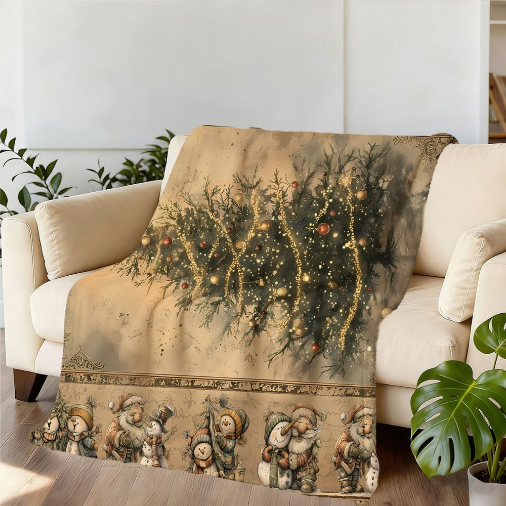 1pc Christmas Tree And Snowman Pattern Flannel Blanket, Soft Comfortable Warm, Beige Retro Design, All-Season Blanket, Warm Cover, Multiple Sizes Available, Suitable for Living Room Sofa, Bedroom, Reading Corner, Leisure Time