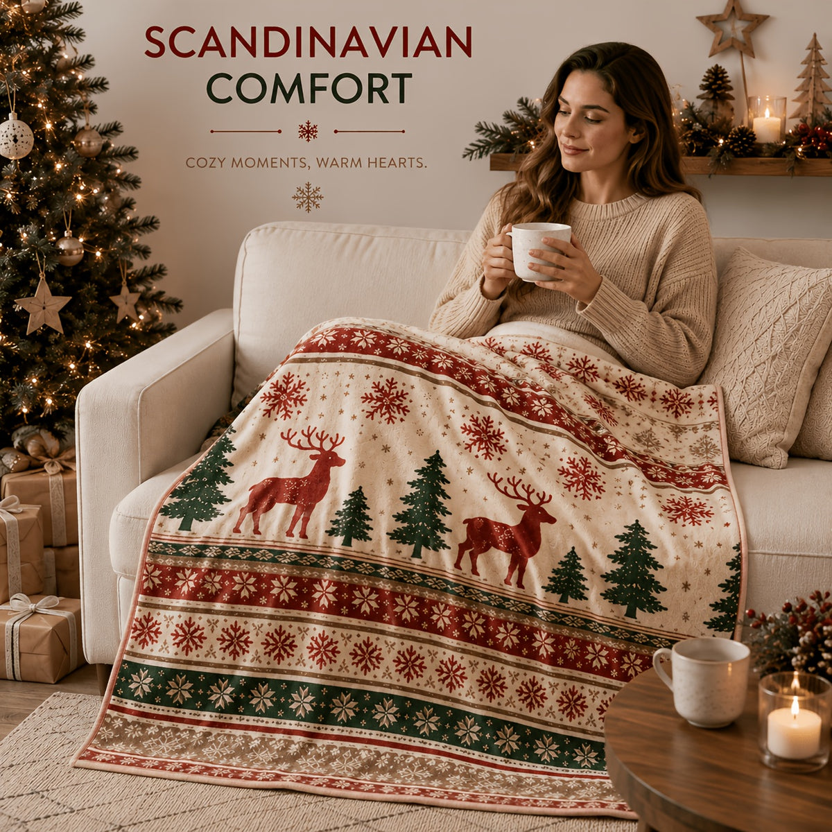 Blanket, Nordic Caribou Snowflake Christmas Flannel Blanket Autumn and Winter Warmth Living Room Sofa Blanket Bedroom Blanket Lunch Break Air Conditioning Blanket