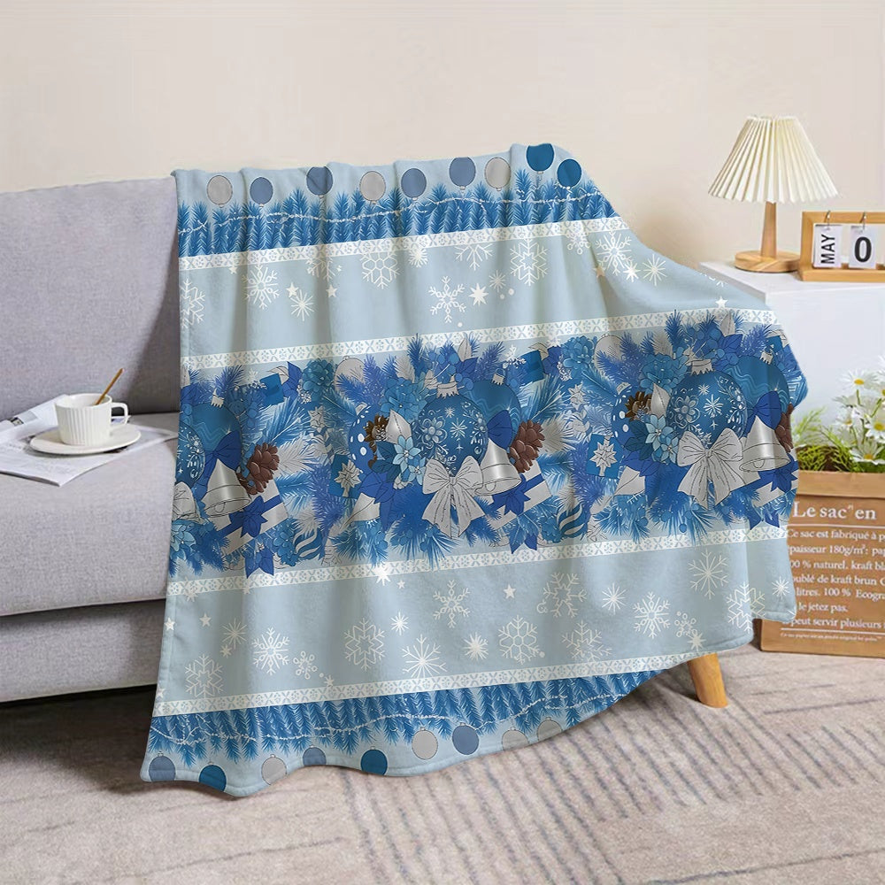 1pc Christmas Blue Festive Pattern Flannel Blanket, Soft Comfortable Warm, Blue White Silvery Design, All-Season Sofa Blanket, Warm Cover, Multiple Sizes Available, Suitable for Living Room Sofa, Bedroom, Reading Corner, Leisure Time