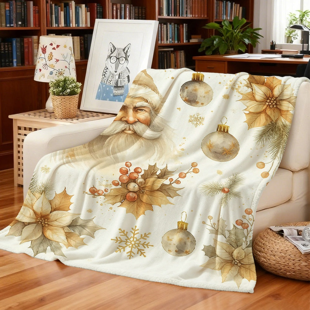 1pc Santa Claus And Red Ball Floral Decor Cream Beige Flannel Blanket, Festive Warm Design, Soft Plush All-Season Use, Suitable for Home Nap, Reading Time, And Weekend Sofa Relaxation