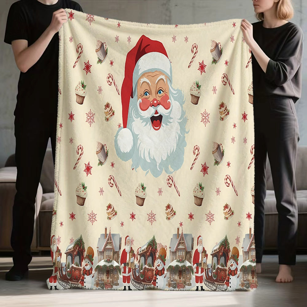 1pc Santa Claus and Candy Themed Flannel Blanket, Soft, Comfortable, and Warm, with a Creamy White Base and Festive Design. A Four-season Universal Blanket and Warm Throw Blanket, Available in Multiple Sizes. Suitable for Living Room Sofas