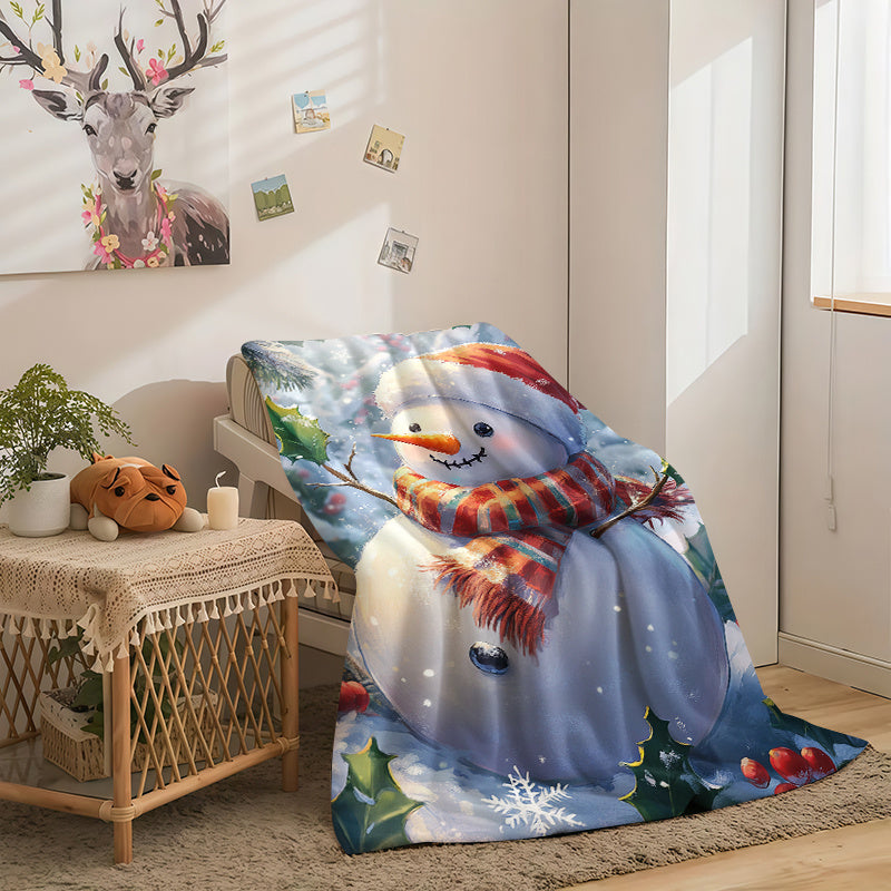 1pc Snowman And Winter Flowers Christmas Theme Red Flannel Oversized Blanket, Winter Decor Design, Large Plush Throw Blanket, Suitable for Holiday Home Decoration, Home Nap, Movie Entertainment Time