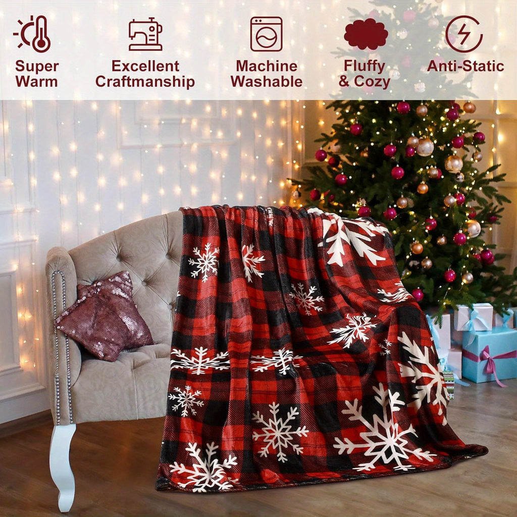 Christmas Red Plaid - Holiday Snowflake Throwing, Christmas Flannel, Country Buffalo Plaid, And Sofa Decor (Red And Black) Printed Flannel Blanket, Soft And Warm, Perfect Gift for Holiday Memories