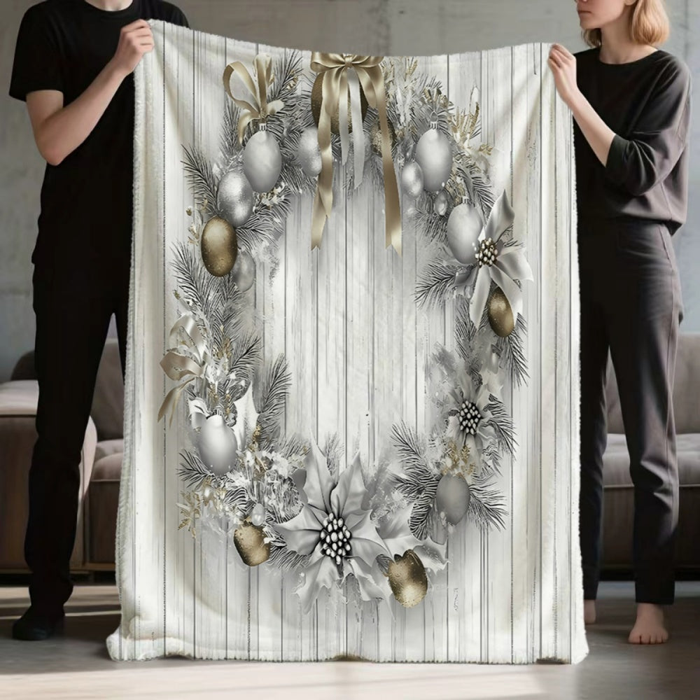 1pc, Christmas Silver Golden Wreath Pattern Flannel Blanket, Soft Comfortable Warm, Silvery White Golden Design, Durable Plush Surface, All-Season Sofa Blanket, Warm Cover, Multiple Sizes Available, Suitable for Living Room Sofa, Bedroom