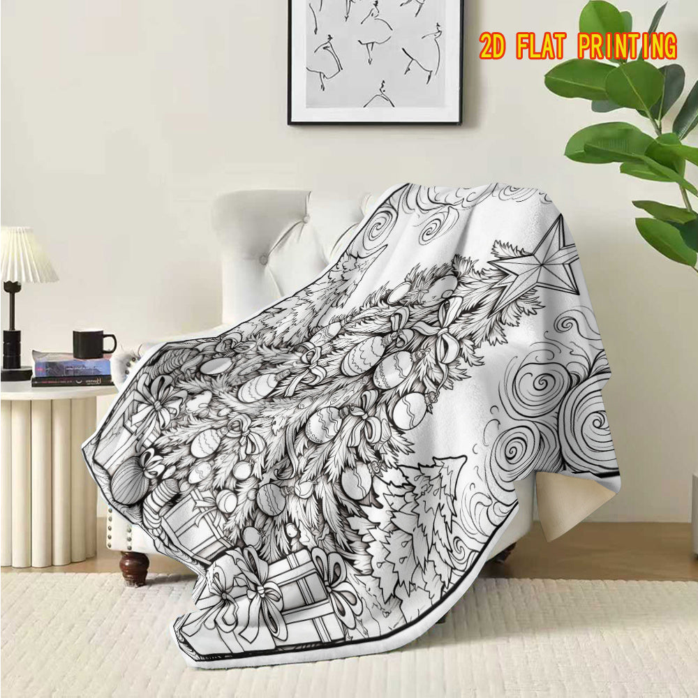 A Color-Filled And Decompressed Hand-Painted Wind Blanket - Christmas Tree Gift Flannel Blanket, The Christmas Tree Covered with Colored Ball Bows Is in The Center of The Picture, Gift Boxes And Christmas Socks Are Placed Under The Tree