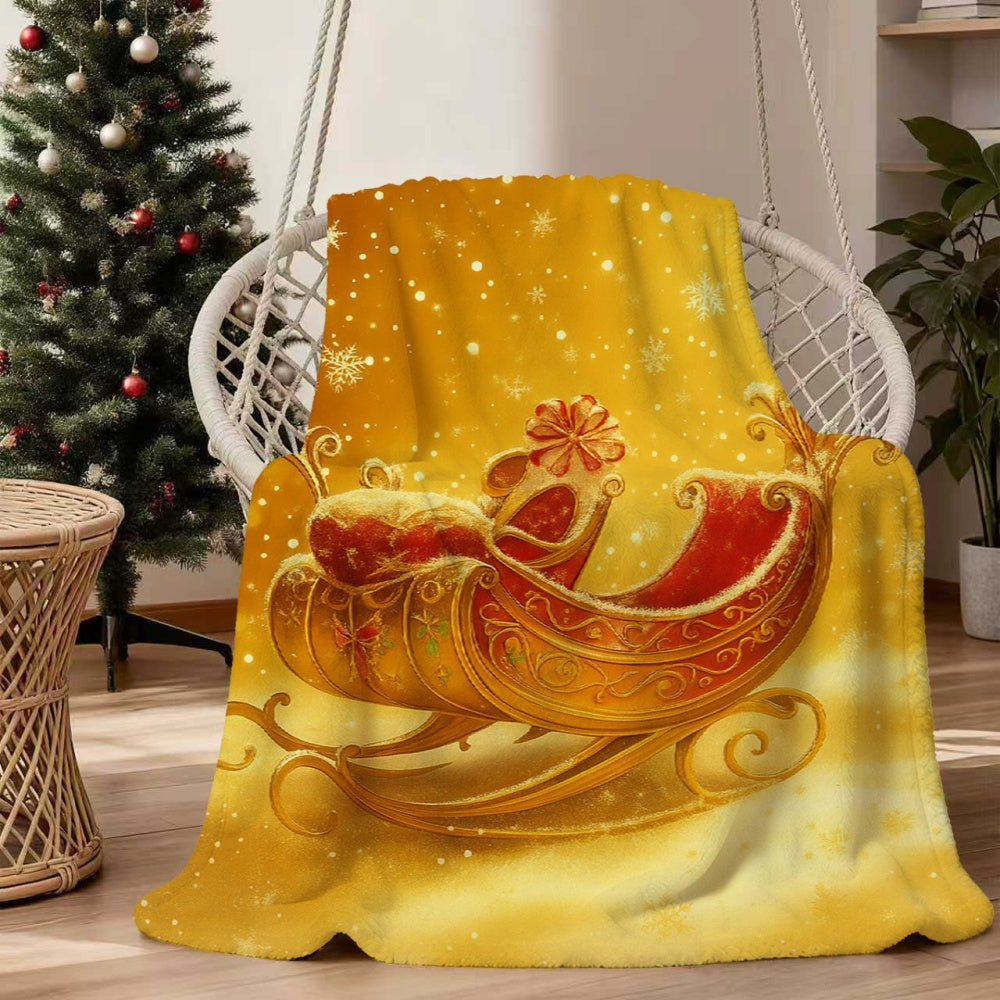 1 Christmas Sleigh and Snowflake Flannel Blanket, Golden Warm-toned Design, Durable Plush Warm Throw Blanket, Suitable for Living Room Sofa Cover, Weekend Sofa Naps, RV Travel